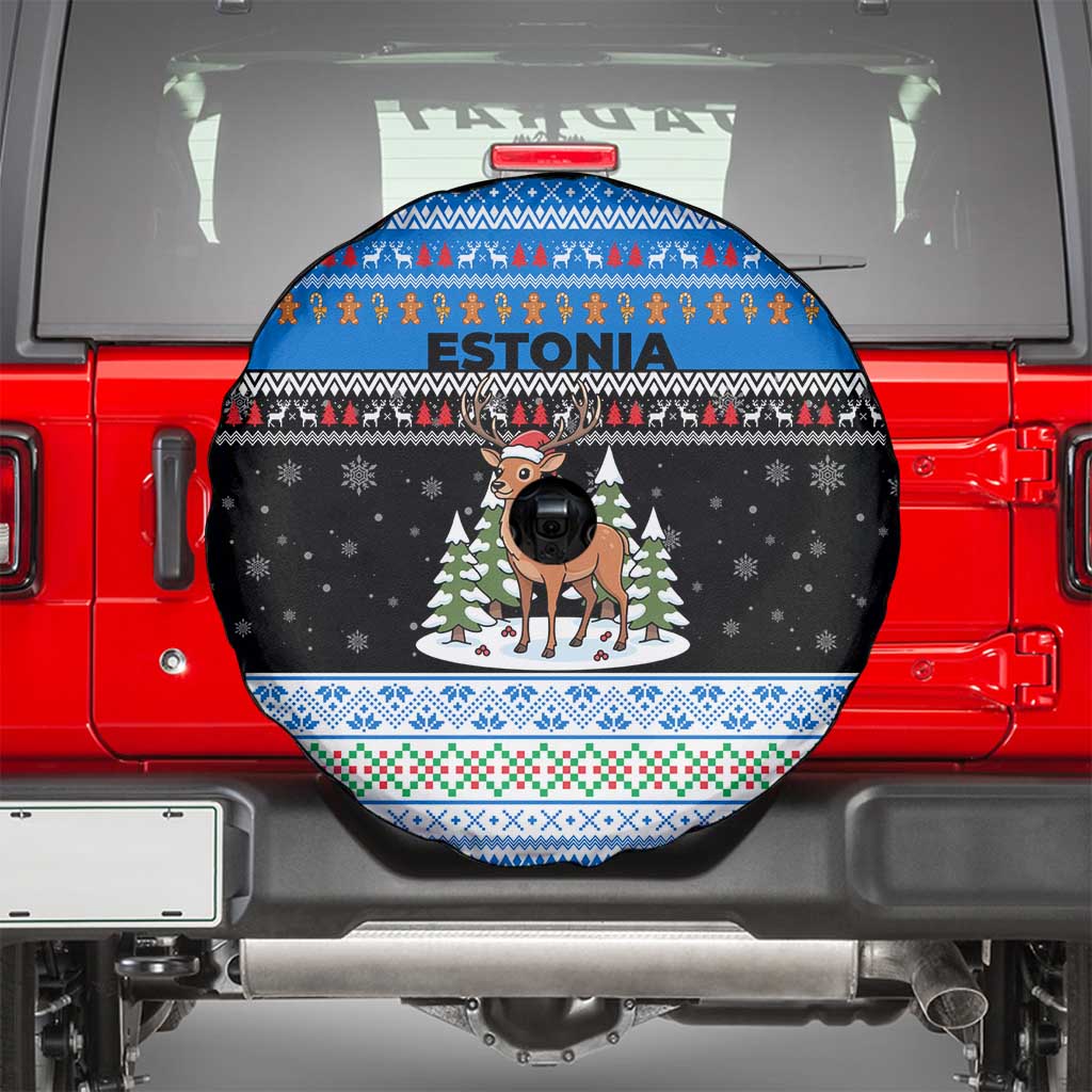 Estonia Christmas Spare Tire Cover with Reindeer Gingerbread Snowflakes National Emblem and Winter Forest - Wonder Print Shop