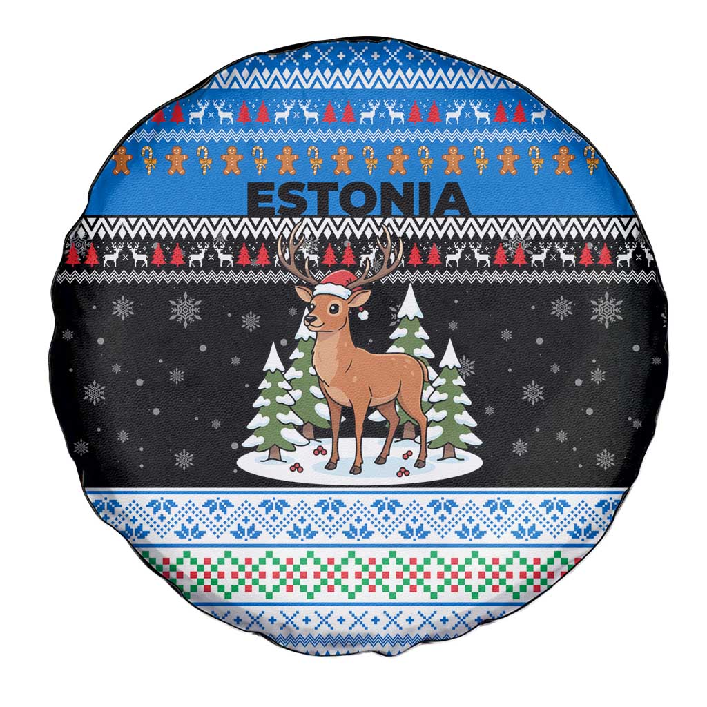Estonia Christmas Spare Tire Cover with Reindeer Gingerbread Snowflakes National Emblem and Winter Forest - Wonder Print Shop