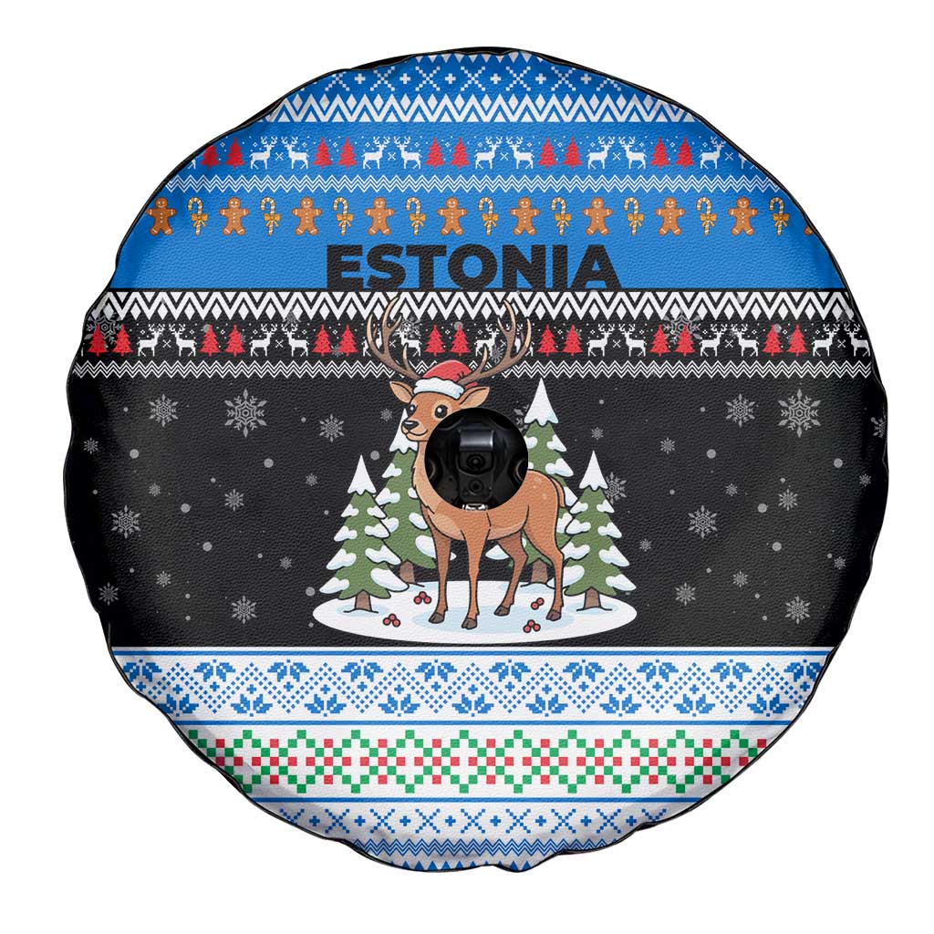 Estonia Christmas Spare Tire Cover with Reindeer Gingerbread Snowflakes National Emblem and Winter Forest - Wonder Print Shop