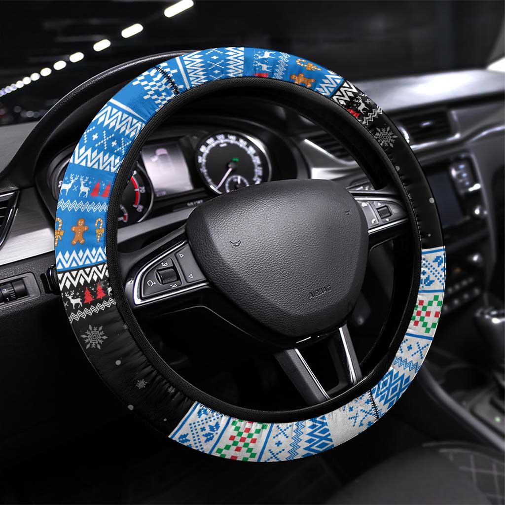 Estonia Christmas Steering Wheel Cover with Reindeer Gingerbread Snowflakes National Emblem and Winter Forest - Wonder Print Shop
