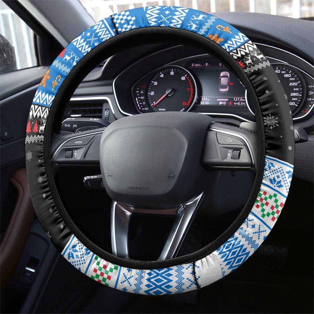 Estonia Christmas Steering Wheel Cover with Reindeer Gingerbread Snowflakes National Emblem and Winter Forest - Wonder Print Shop