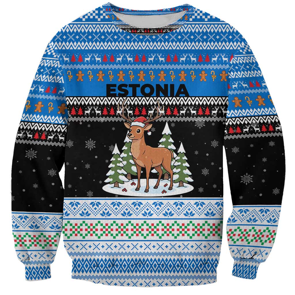 Estonia Christmas Sweatshirt with Reindeer Gingerbread Snowflakes National Emblem and Winter Forest - Wonder Print Shop