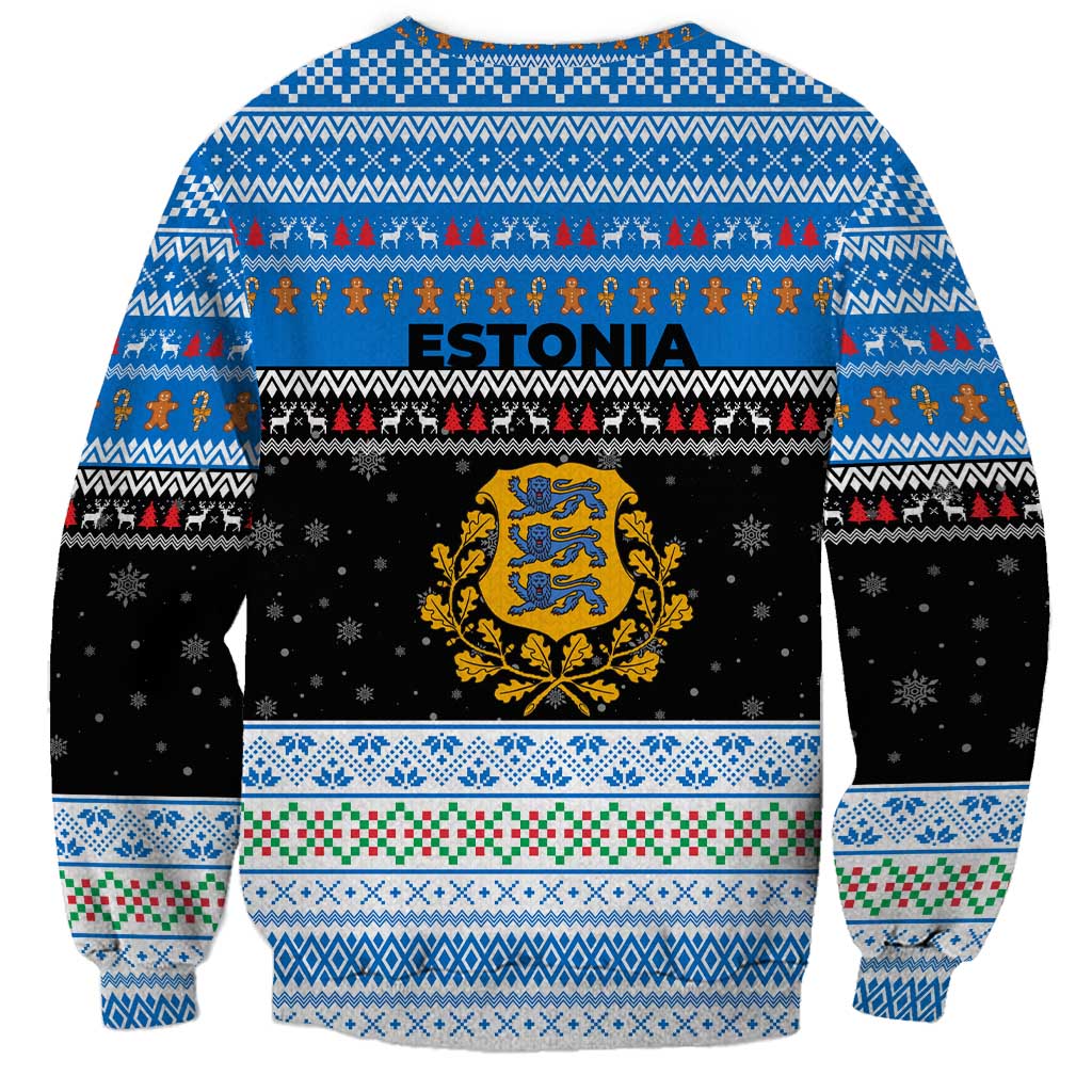 Estonia Christmas Sweatshirt with Reindeer Gingerbread Snowflakes National Emblem and Winter Forest - Wonder Print Shop