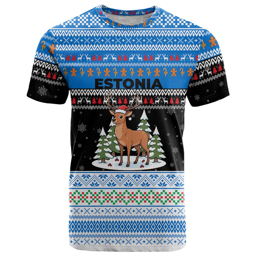 Estonia Christmas T Shirt with Reindeer Gingerbread Snowflakes National Emblem and Winter Forest - Wonder Print Shop