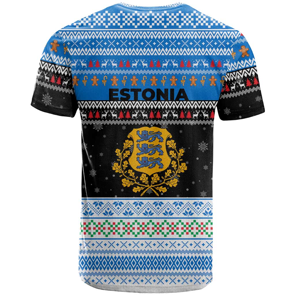 Estonia Christmas T Shirt with Reindeer Gingerbread Snowflakes National Emblem and Winter Forest - Wonder Print Shop