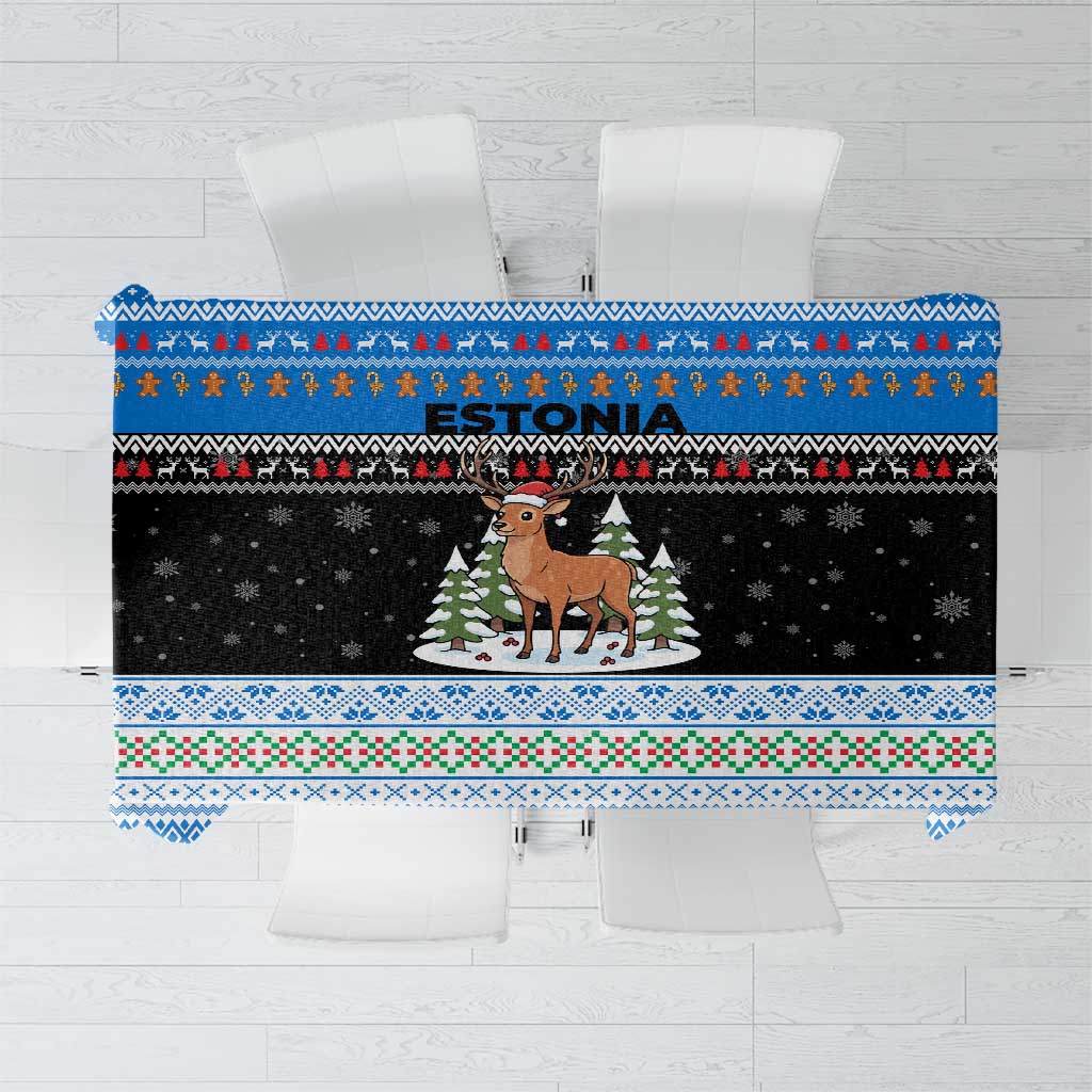 Estonia Christmas Tablecloth with Reindeer Gingerbread Snowflakes National Emblem and Winter Forest - Wonder Print Shop