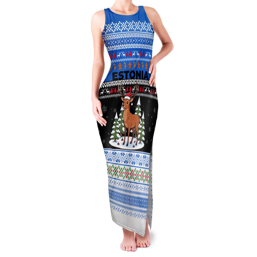 Estonia Christmas Tank Maxi Dress with Reindeer Gingerbread Snowflakes National Emblem and Winter Forest - Wonder Print Shop