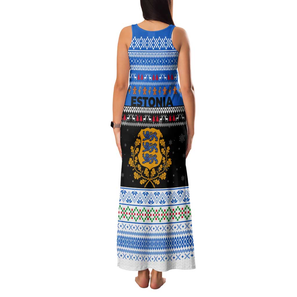 Estonia Christmas Tank Maxi Dress with Reindeer Gingerbread Snowflakes National Emblem and Winter Forest - Wonder Print Shop