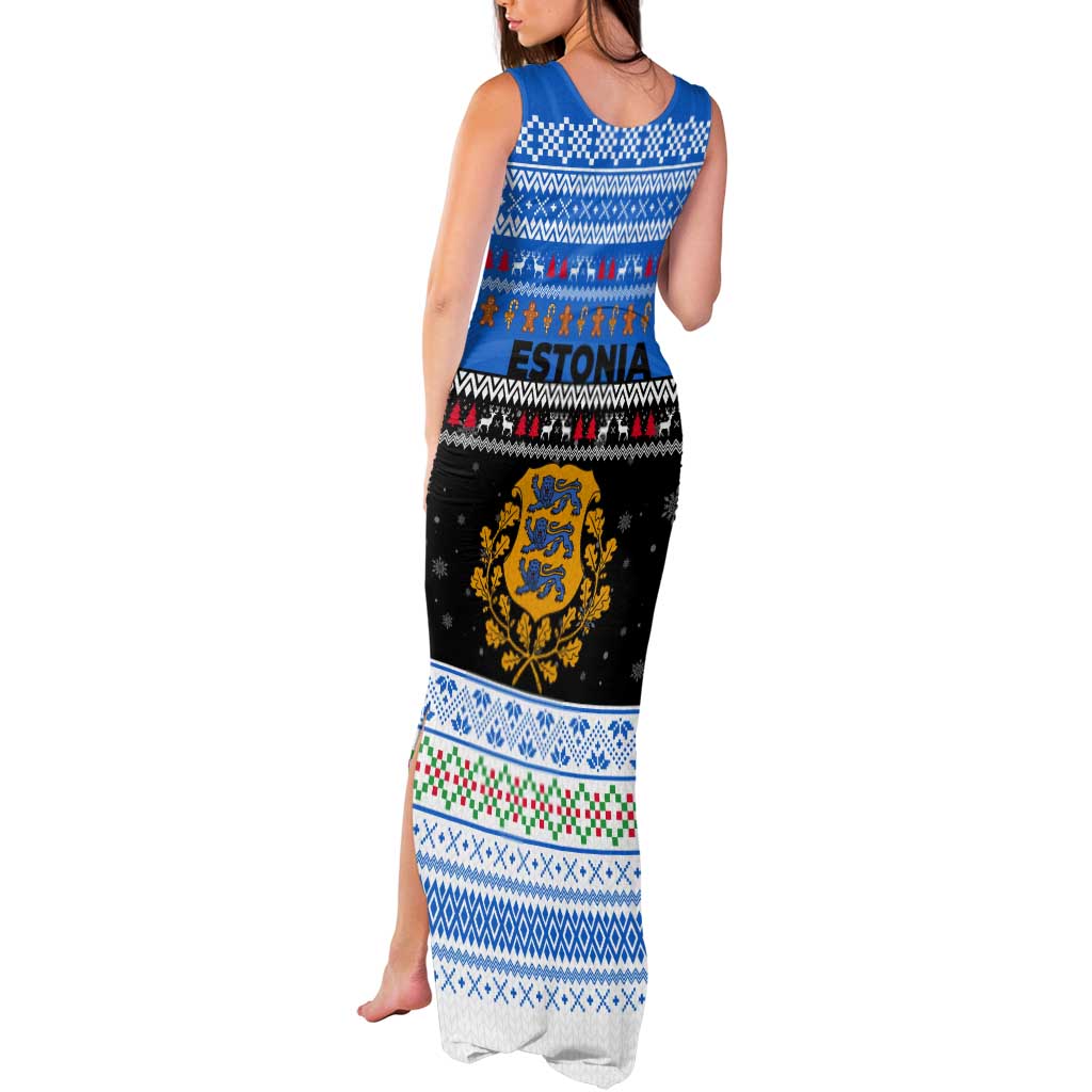 Estonia Christmas Tank Maxi Dress with Reindeer Gingerbread Snowflakes National Emblem and Winter Forest - Wonder Print Shop