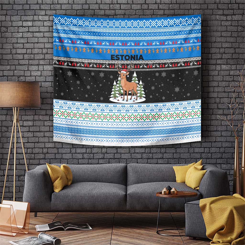 Estonia Christmas Tapestry with Reindeer Gingerbread Snowflakes National Emblem and Winter Forest - Wonder Print Shop