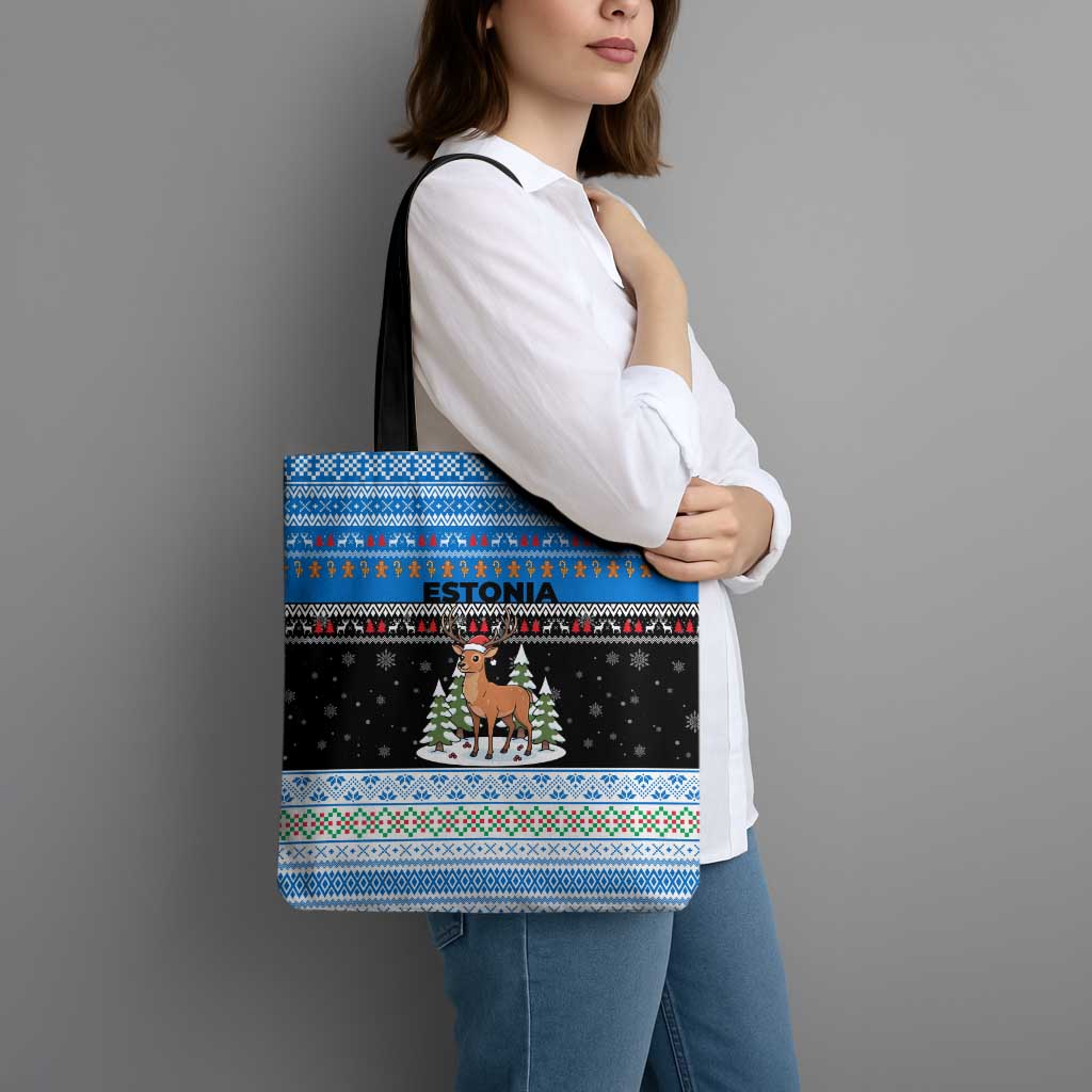 Estonia Christmas Tote Bag with Reindeer Gingerbread Snowflakes National Emblem and Winter Forest - Wonder Print Shop