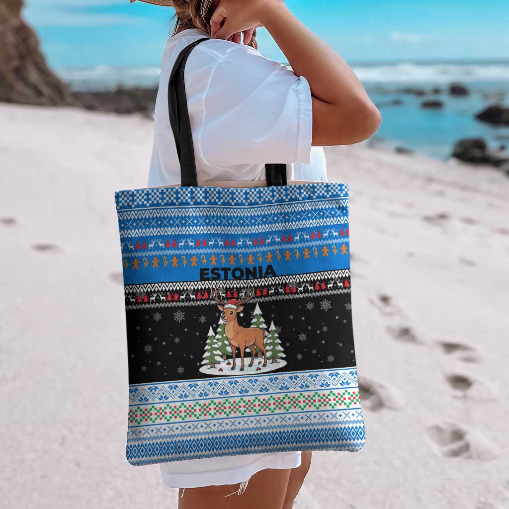 Estonia Christmas Tote Bag with Reindeer Gingerbread Snowflakes National Emblem and Winter Forest - Wonder Print Shop