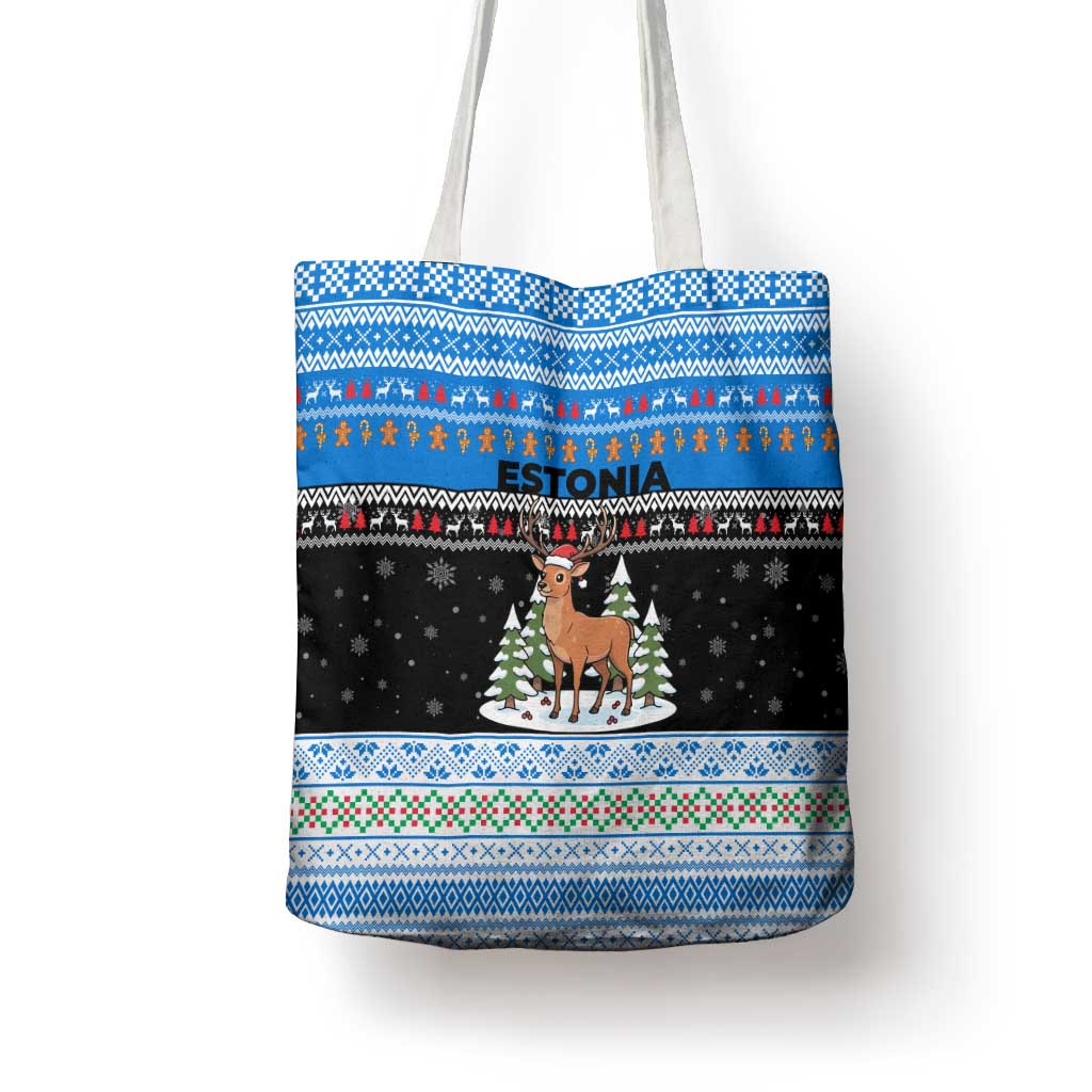 Estonia Christmas Tote Bag with Reindeer Gingerbread Snowflakes National Emblem and Winter Forest - Wonder Print Shop
