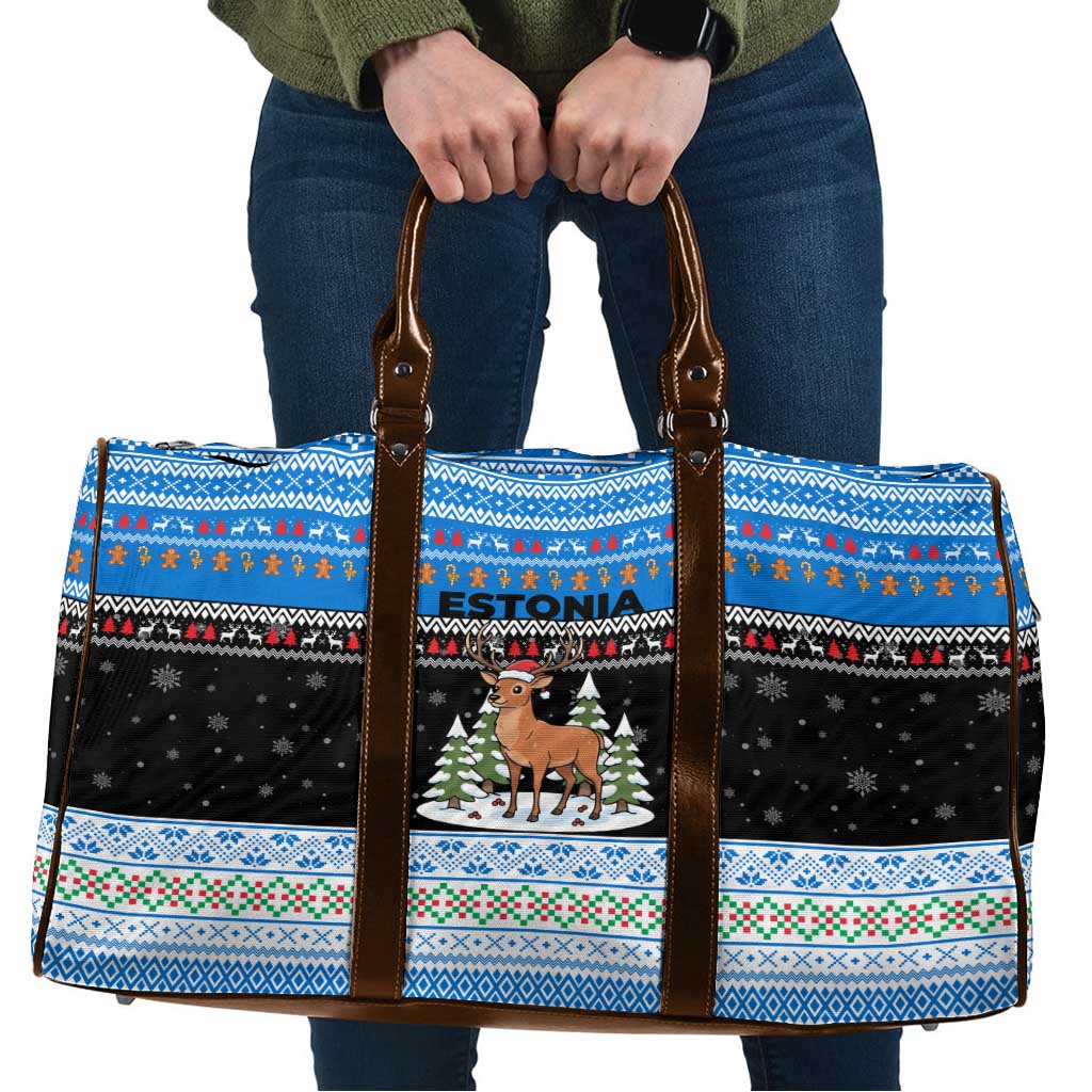 Estonia Christmas Travel Bag with Reindeer Gingerbread Snowflakes National Emblem and Winter Forest - Wonder Print Shop