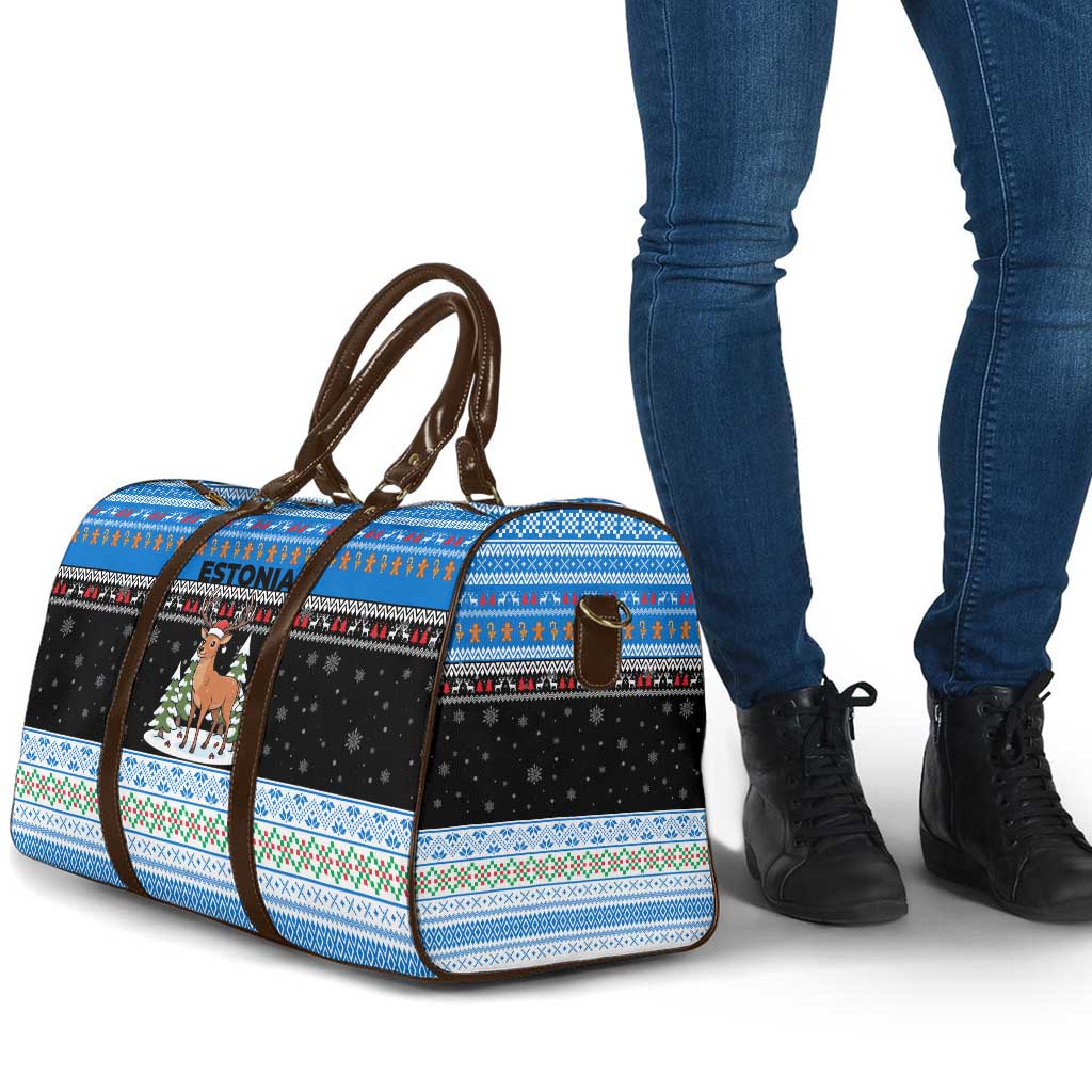 Estonia Christmas Travel Bag with Reindeer Gingerbread Snowflakes National Emblem and Winter Forest - Wonder Print Shop