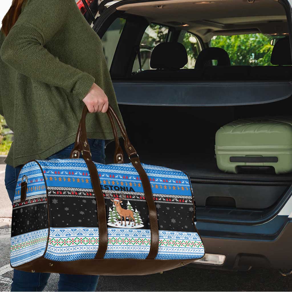 Estonia Christmas Travel Bag with Reindeer Gingerbread Snowflakes National Emblem and Winter Forest - Wonder Print Shop