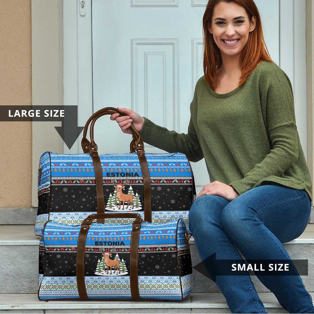 Estonia Christmas Travel Bag with Reindeer Gingerbread Snowflakes National Emblem and Winter Forest - Wonder Print Shop