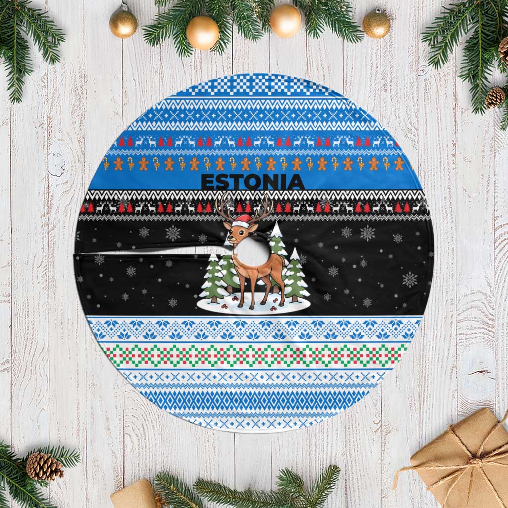 Estonia Christmas Tree Skirt with Reindeer Gingerbread Snowflakes National Emblem and Winter Forest - Wonder Print Shop