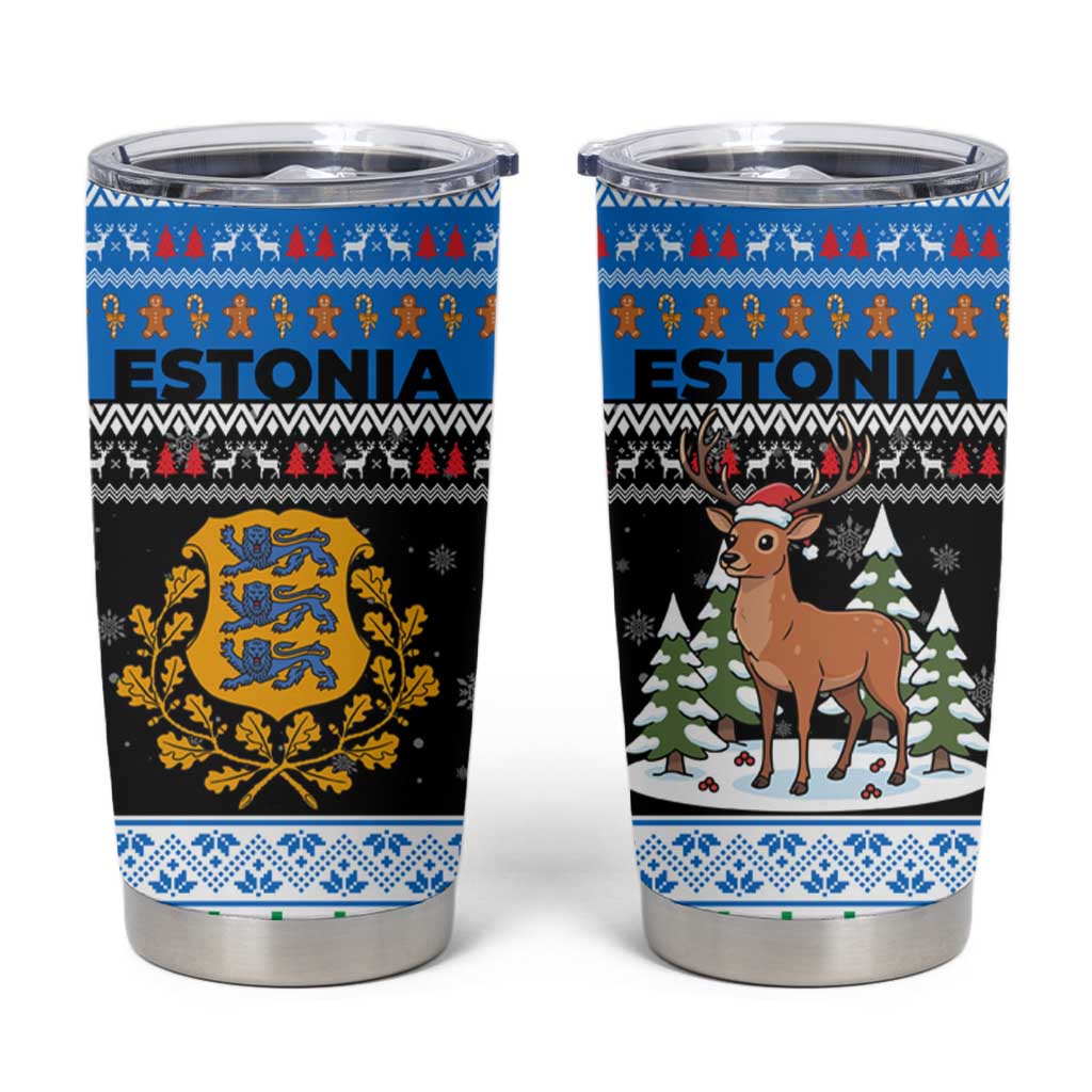 Estonia Christmas Tumbler Cup with Reindeer Gingerbread Snowflakes National Emblem and Winter Forest - Wonder Print Shop