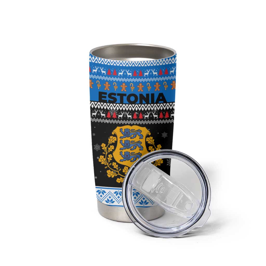 Estonia Christmas Tumbler Cup with Reindeer Gingerbread Snowflakes National Emblem and Winter Forest - Wonder Print Shop