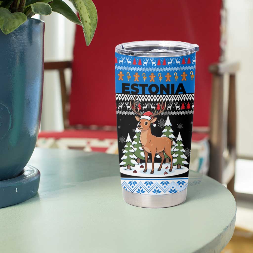 Estonia Christmas Tumbler Cup with Reindeer Gingerbread Snowflakes National Emblem and Winter Forest - Wonder Print Shop