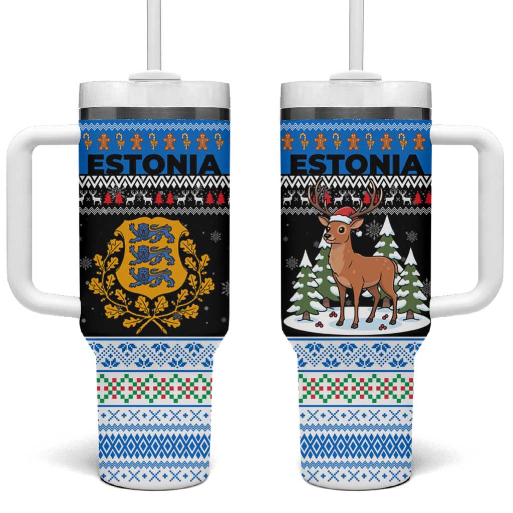 Estonia Christmas Tumbler With Handle with Reindeer Gingerbread Snowflakes National Emblem and Winter Forest - Wonder Print Shop