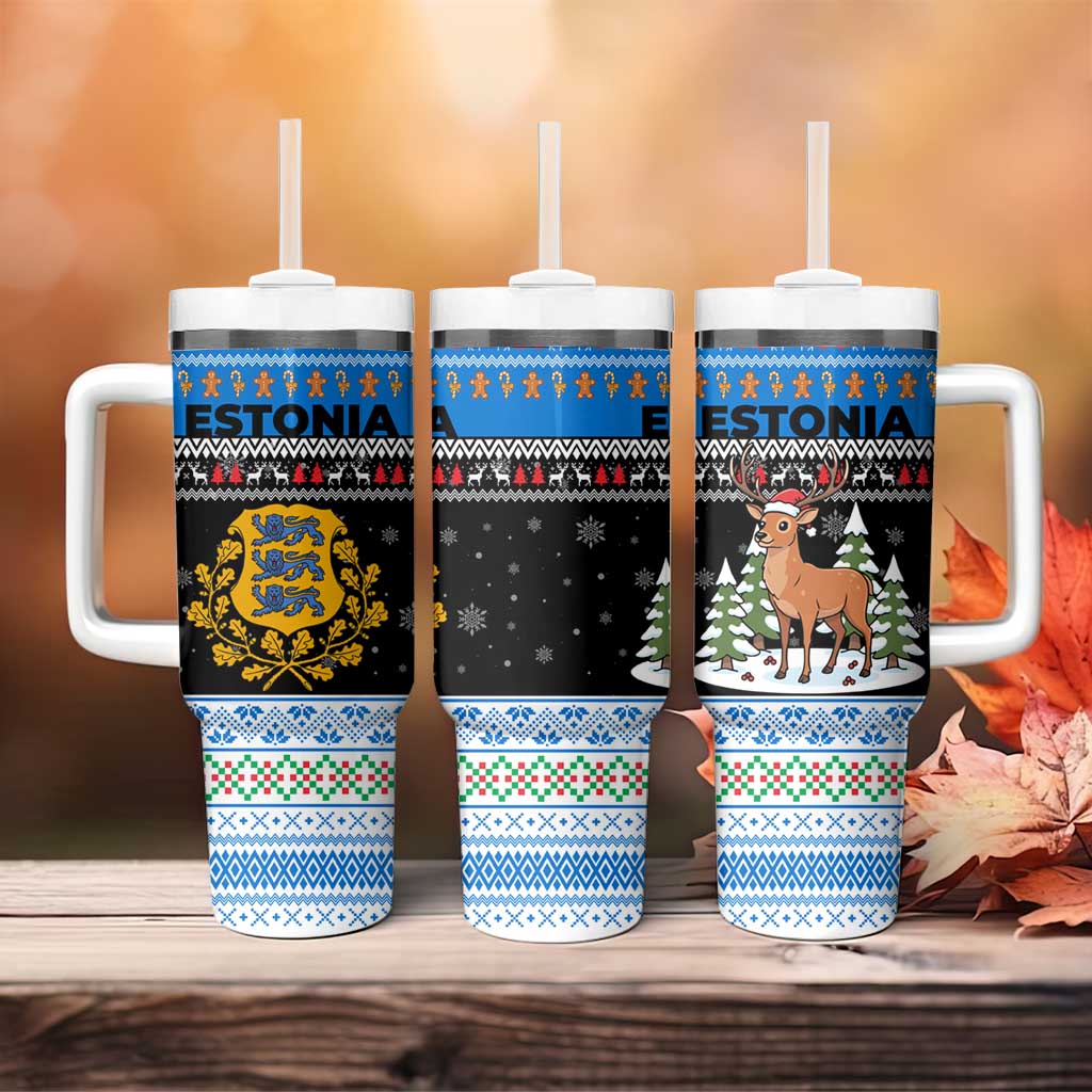 Estonia Christmas Tumbler With Handle with Reindeer Gingerbread Snowflakes National Emblem and Winter Forest - Wonder Print Shop