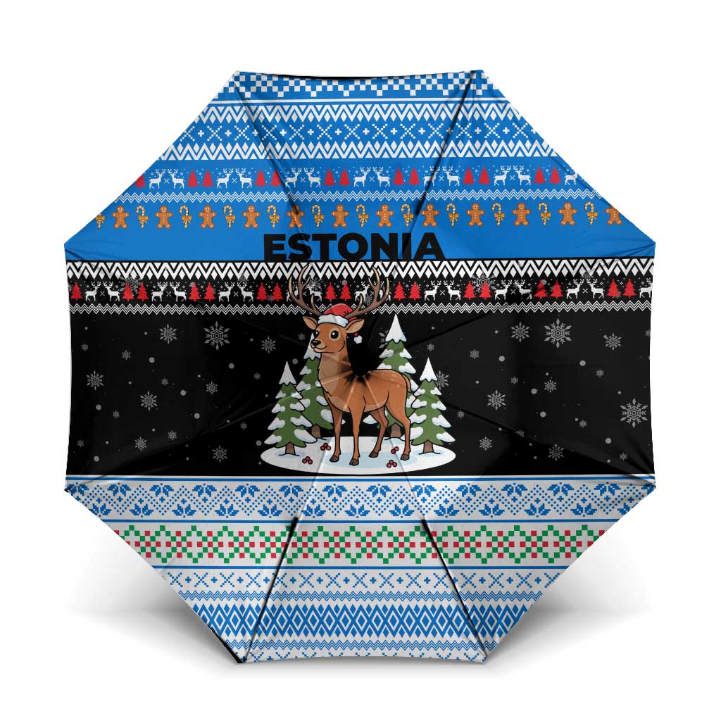 Estonia Christmas Umbrella with Reindeer Gingerbread Snowflakes National Emblem and Winter Forest - Wonder Print Shop