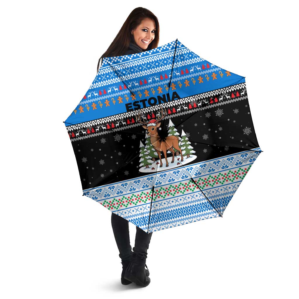 Estonia Christmas Umbrella with Reindeer Gingerbread Snowflakes National Emblem and Winter Forest - Wonder Print Shop