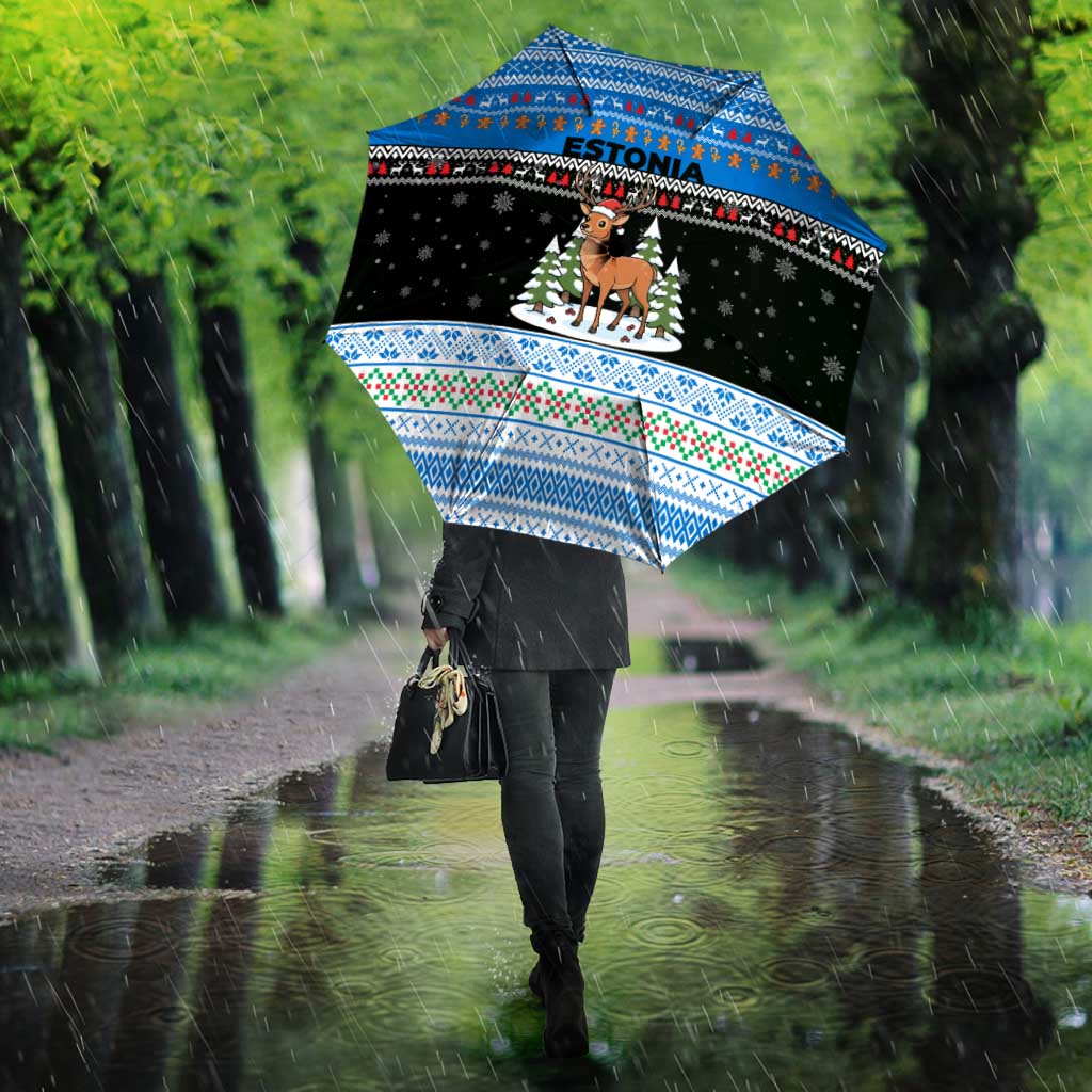 Estonia Christmas Umbrella with Reindeer Gingerbread Snowflakes National Emblem and Winter Forest - Wonder Print Shop