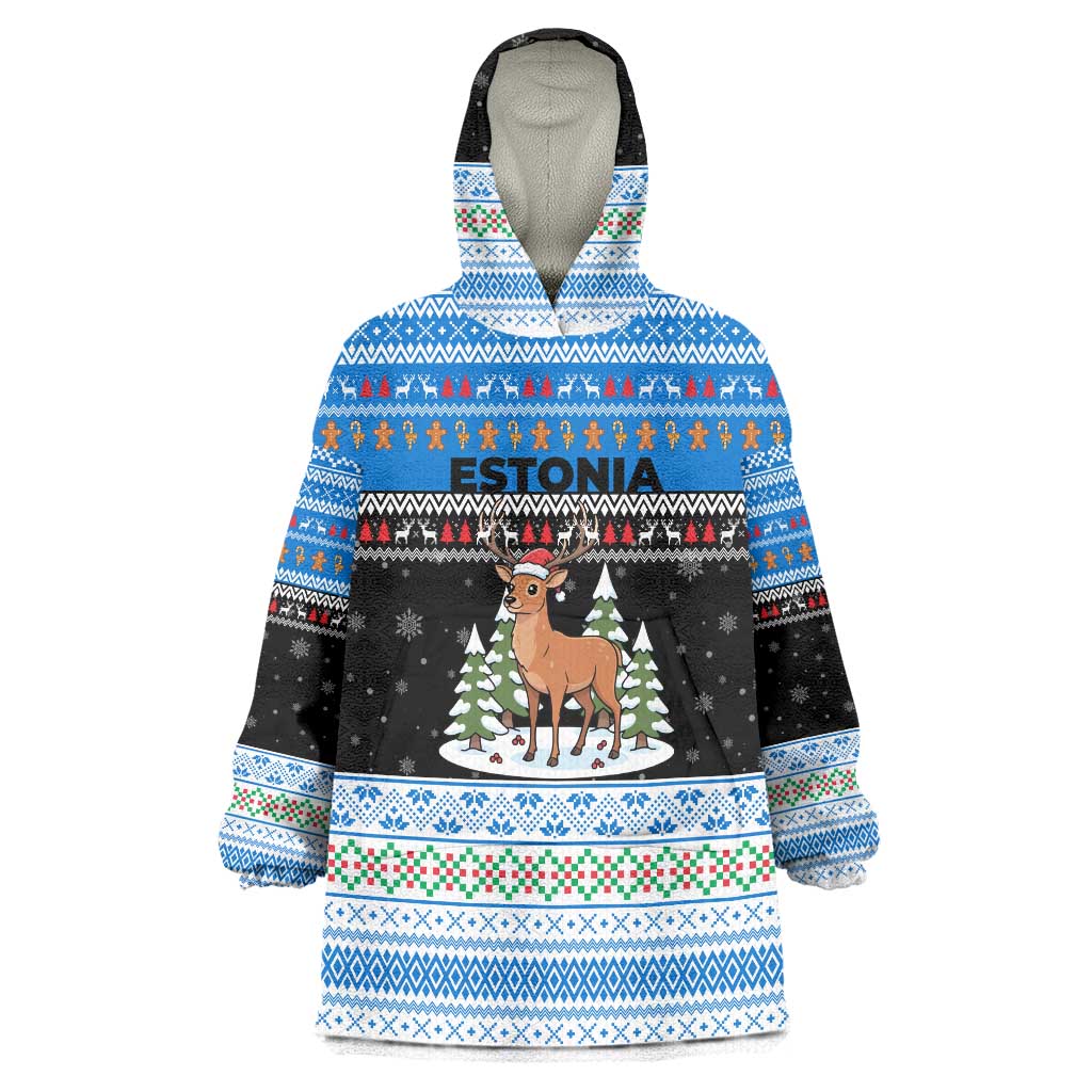Estonia Christmas Wearable Blanket Hoodie with Reindeer Gingerbread Snowflakes National Emblem and Winter Forest - Wonder Print Shop