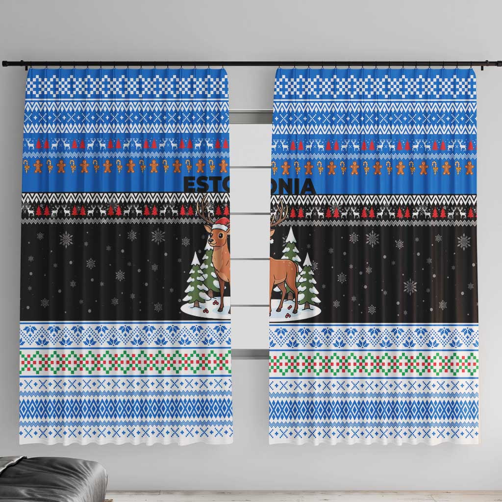 Estonia Christmas Window Curtain with Reindeer Gingerbread Snowflakes National Emblem and Winter Forest - Wonder Print Shop