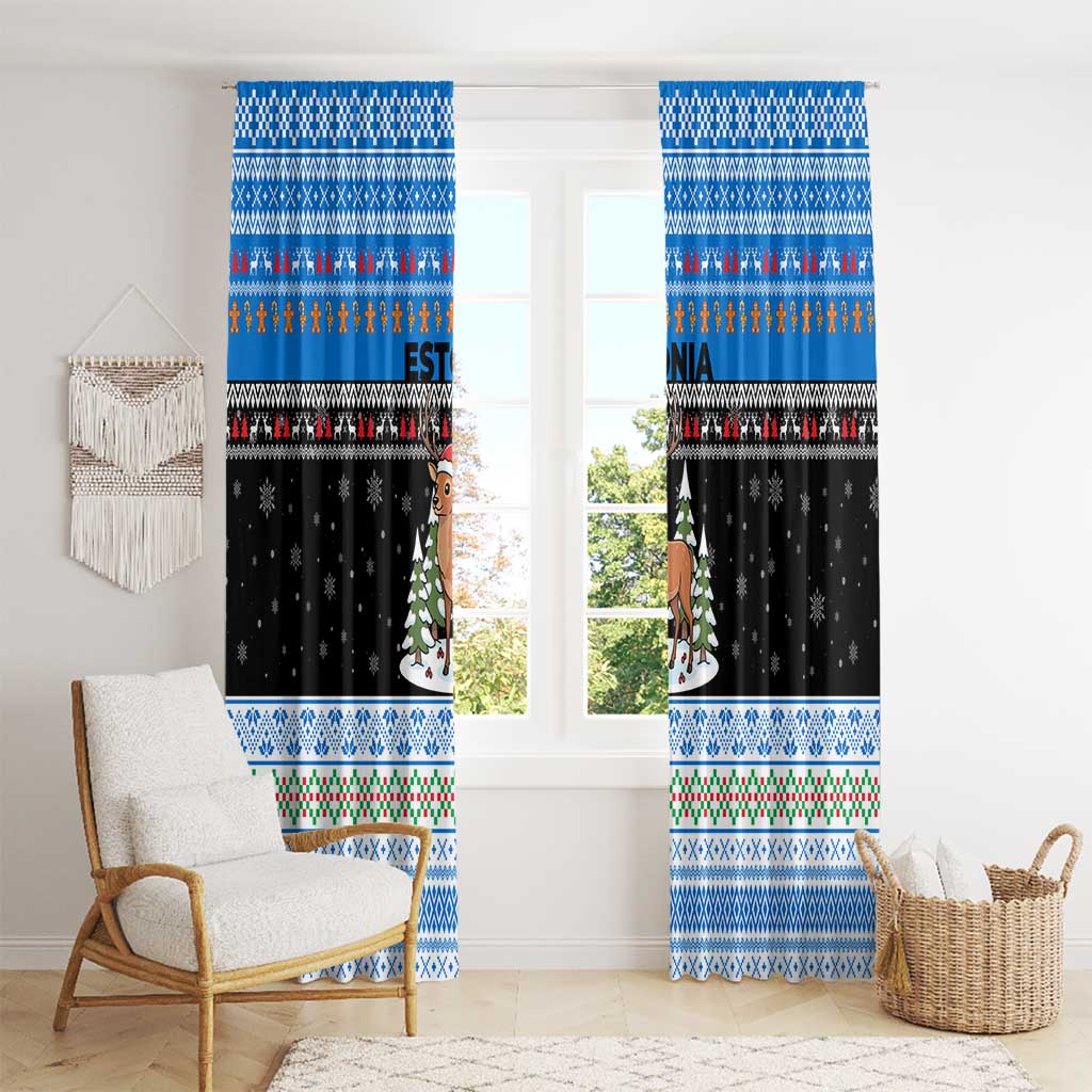 Estonia Christmas Window Curtain with Reindeer Gingerbread Snowflakes National Emblem and Winter Forest - Wonder Print Shop