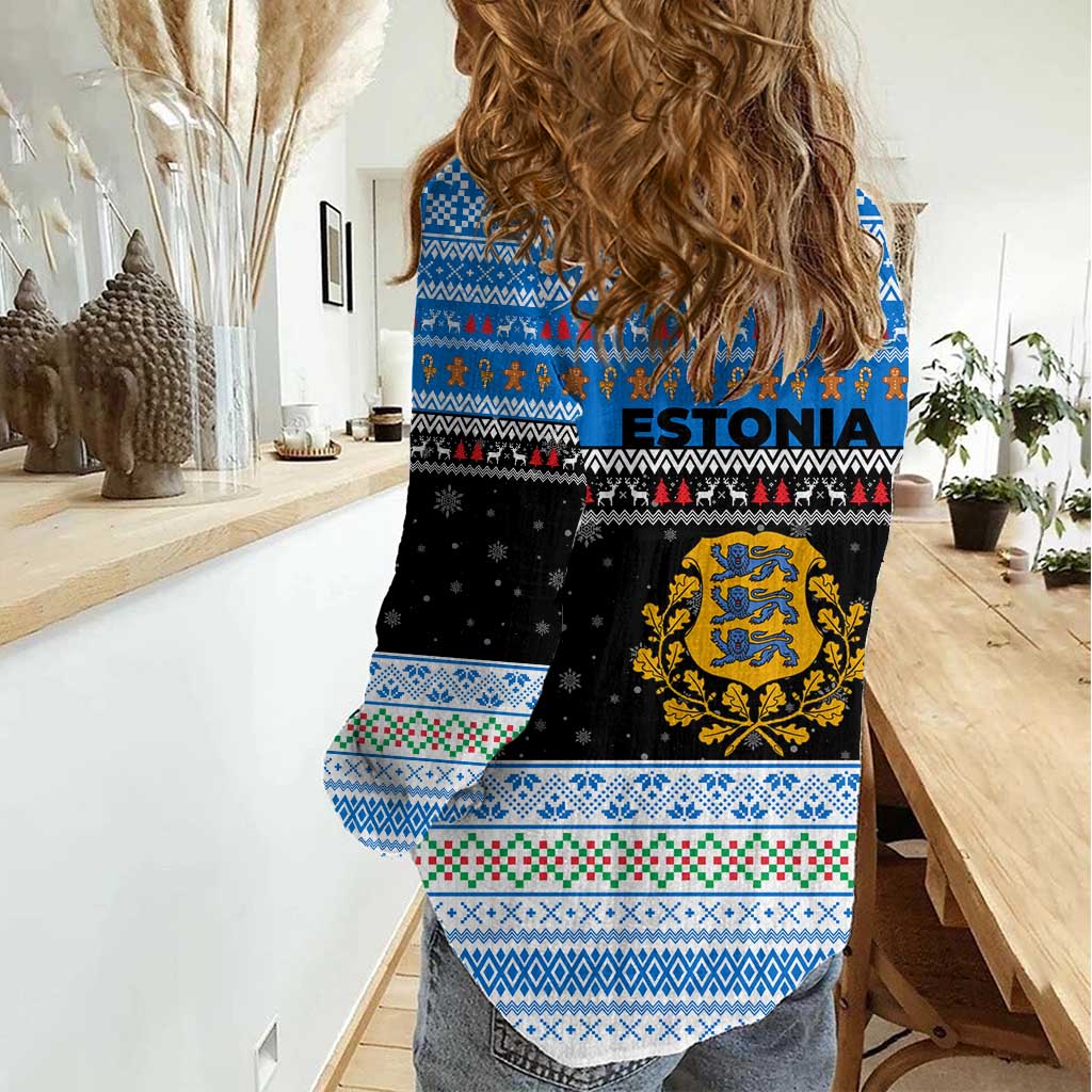 Estonia Christmas Women Casual Shirt with Reindeer Gingerbread Snowflakes National Emblem and Winter Forest - Wonder Print Shop