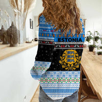 Estonia Christmas Women Casual Shirt with Reindeer Gingerbread Snowflakes National Emblem and Winter Forest - Wonder Print Shop