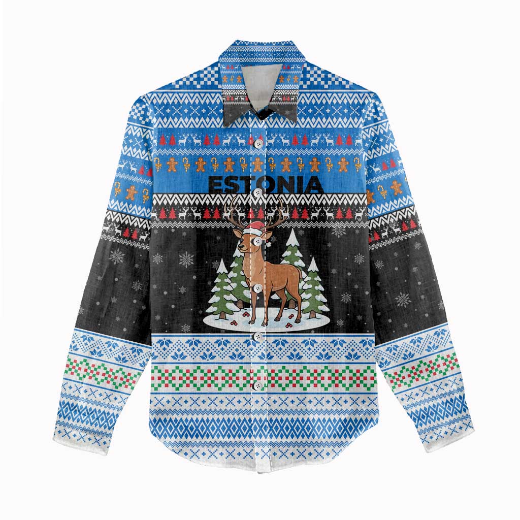 Estonia Christmas Women Casual Shirt with Reindeer Gingerbread Snowflakes National Emblem and Winter Forest - Wonder Print Shop