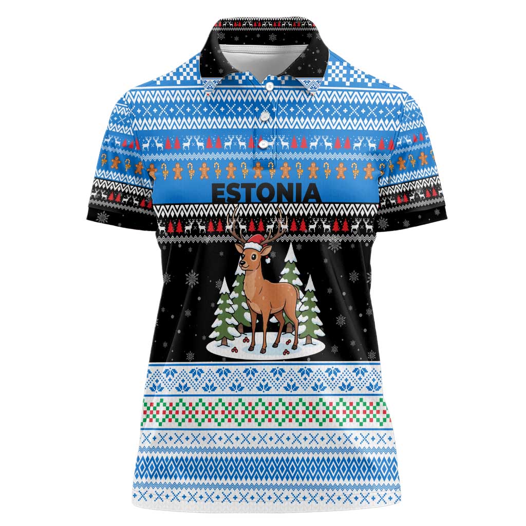 Estonia Christmas Women Polo Shirt with Reindeer Gingerbread Snowflakes National Emblem and Winter Forest - Wonder Print Shop