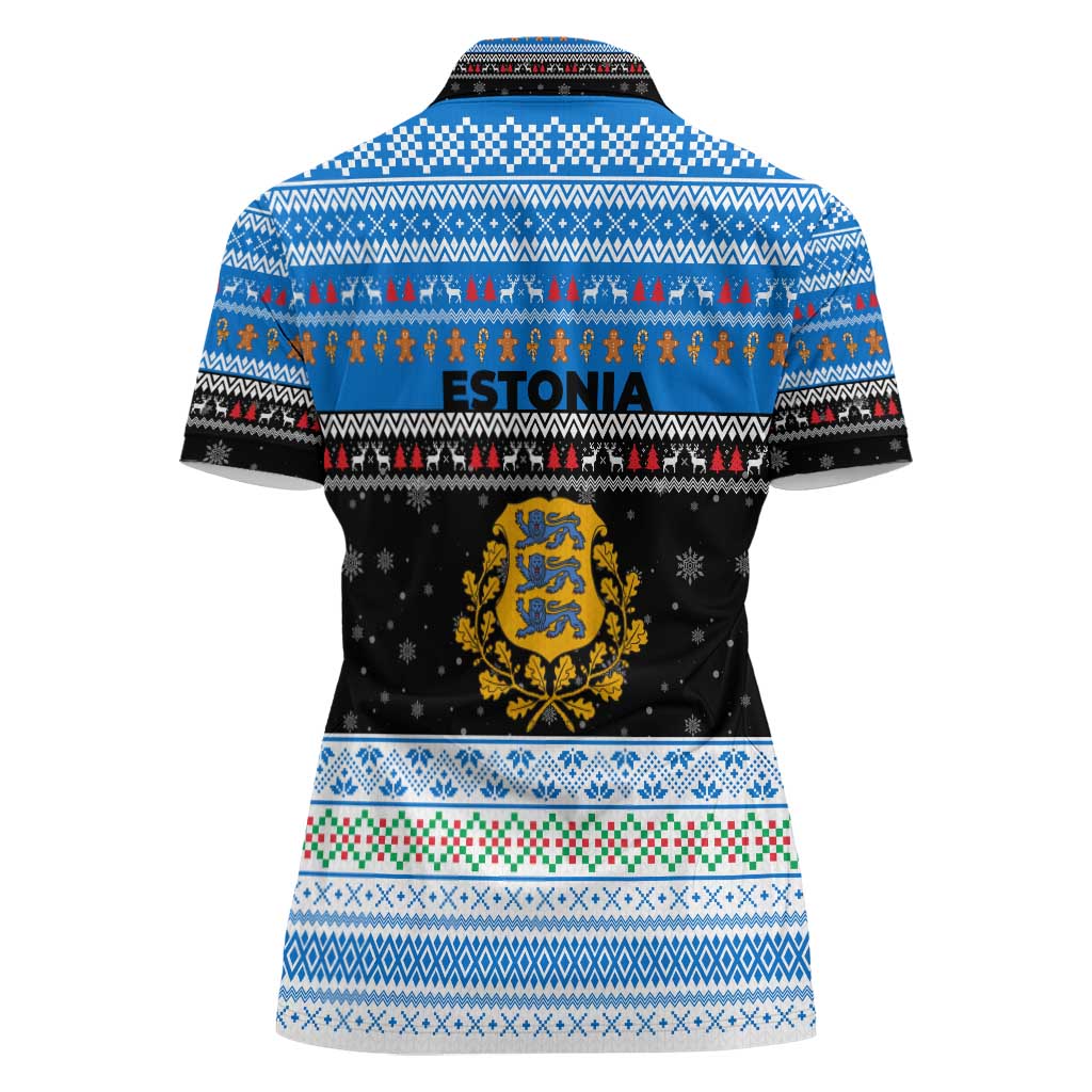 Estonia Christmas Women Polo Shirt with Reindeer Gingerbread Snowflakes National Emblem and Winter Forest - Wonder Print Shop