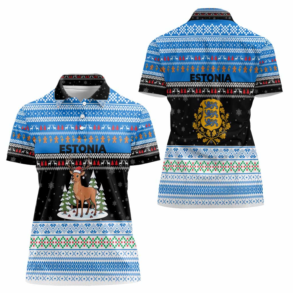 Estonia Christmas Women Polo Shirt with Reindeer Gingerbread Snowflakes National Emblem and Winter Forest - Wonder Print Shop