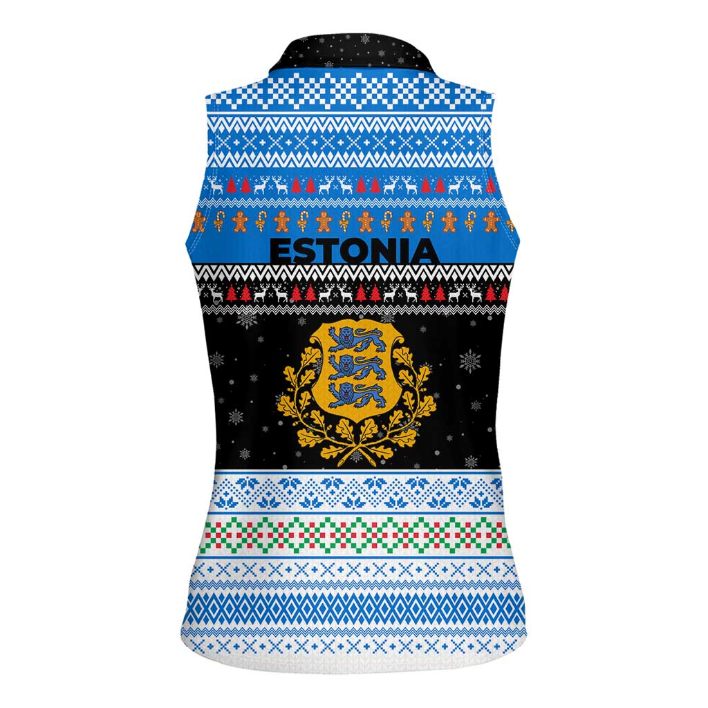 Estonia Christmas Women Sleeveless Polo Shirt with Reindeer Gingerbread Snowflakes National Emblem and Winter Forest - Wonder Print Shop