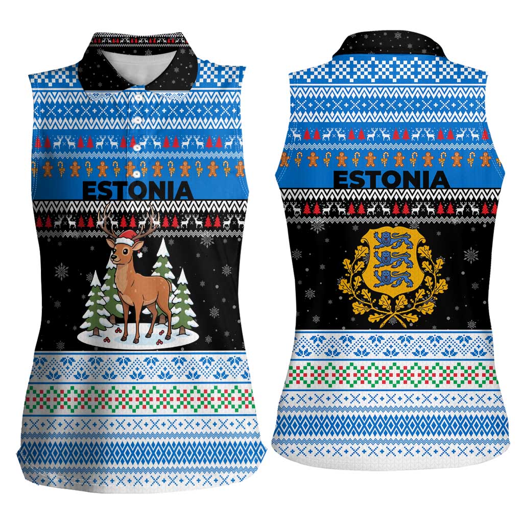 Estonia Christmas Women Sleeveless Polo Shirt with Reindeer Gingerbread Snowflakes National Emblem and Winter Forest - Wonder Print Shop