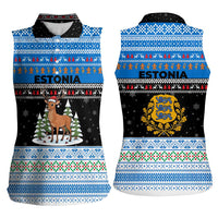 Estonia Christmas Women Sleeveless Polo Shirt with Reindeer Gingerbread Snowflakes National Emblem and Winter Forest - Wonder Print Shop