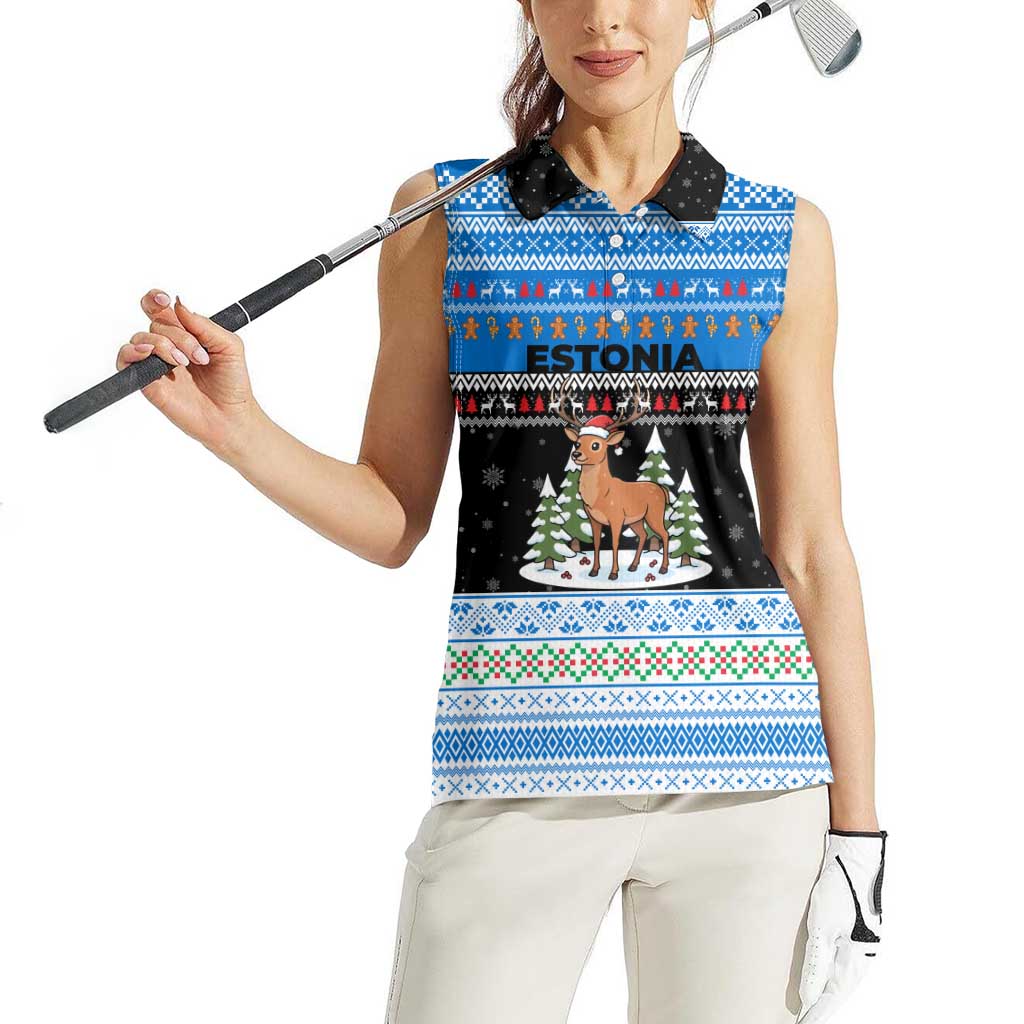 Estonia Christmas Women Sleeveless Polo Shirt with Reindeer Gingerbread Snowflakes National Emblem and Winter Forest - Wonder Print Shop
