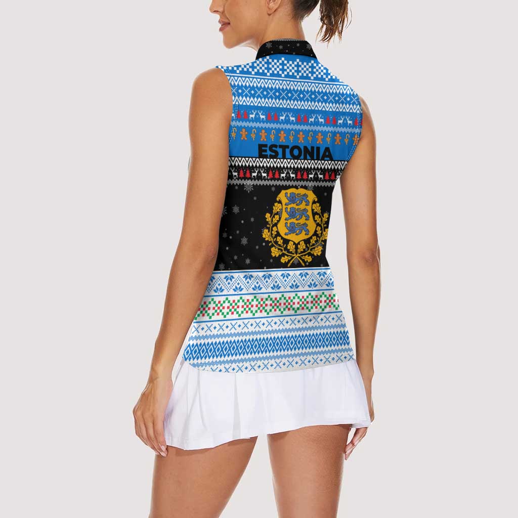 Estonia Christmas Women Sleeveless Polo Shirt with Reindeer Gingerbread Snowflakes National Emblem and Winter Forest - Wonder Print Shop