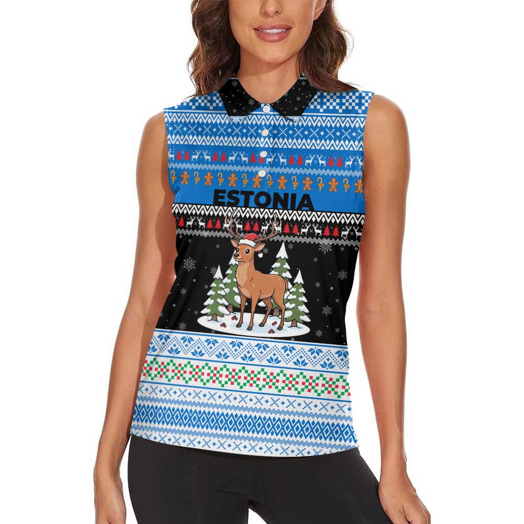 Estonia Christmas Women Sleeveless Polo Shirt with Reindeer Gingerbread Snowflakes National Emblem and Winter Forest - Wonder Print Shop