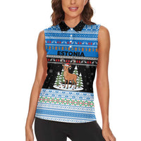 Estonia Christmas Women Sleeveless Polo Shirt with Reindeer Gingerbread Snowflakes National Emblem and Winter Forest - Wonder Print Shop