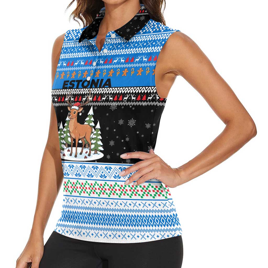 Estonia Christmas Women Sleeveless Polo Shirt with Reindeer Gingerbread Snowflakes National Emblem and Winter Forest - Wonder Print Shop