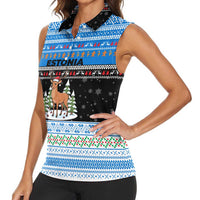 Estonia Christmas Women Sleeveless Polo Shirt with Reindeer Gingerbread Snowflakes National Emblem and Winter Forest - Wonder Print Shop