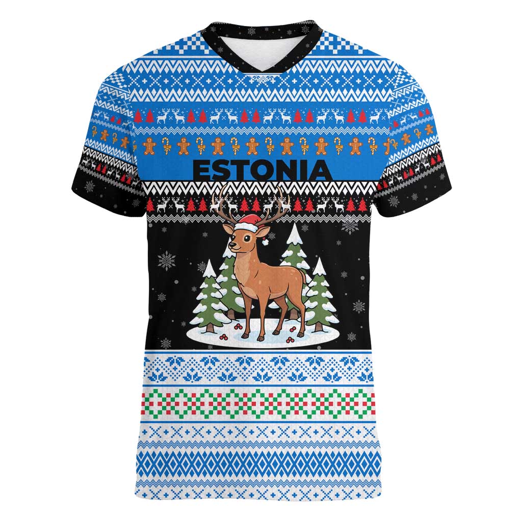 Estonia Christmas Women V-Neck T-Shirt with Reindeer Gingerbread Snowflakes National Emblem and Winter Forest - Wonder Print Shop