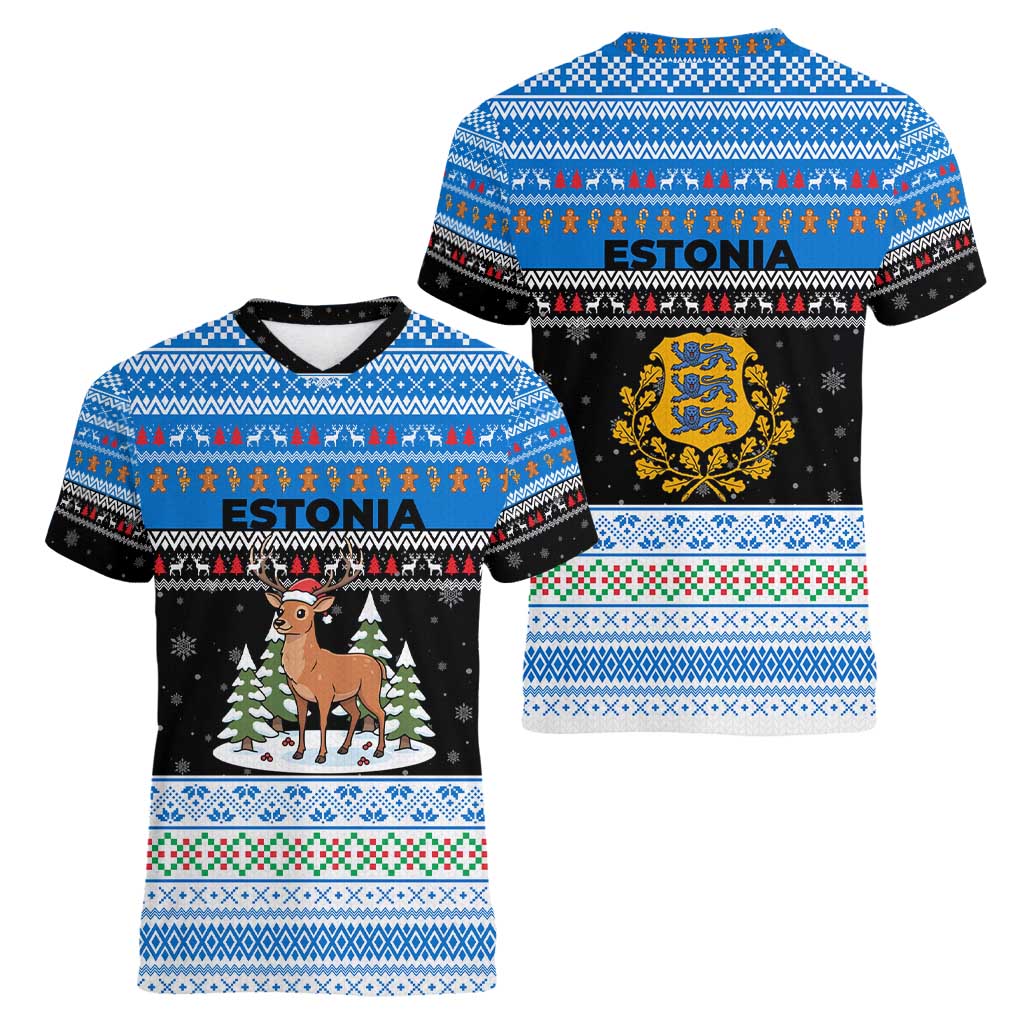 Estonia Christmas Women V-Neck T-Shirt with Reindeer Gingerbread Snowflakes National Emblem and Winter Forest - Wonder Print Shop